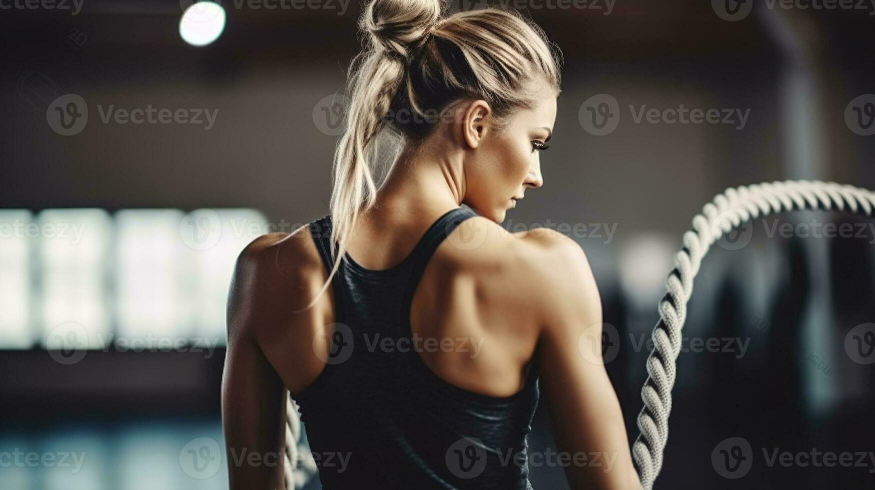 Fitness young blonde woman in sportswear working out with ropes during an exercise session in a gym. Generative AI photo