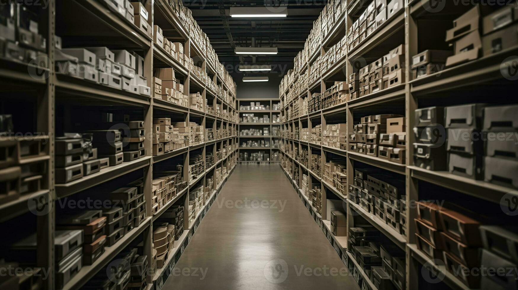 Rows Of Shelves With Boxes In Warehouse, generative ai photo