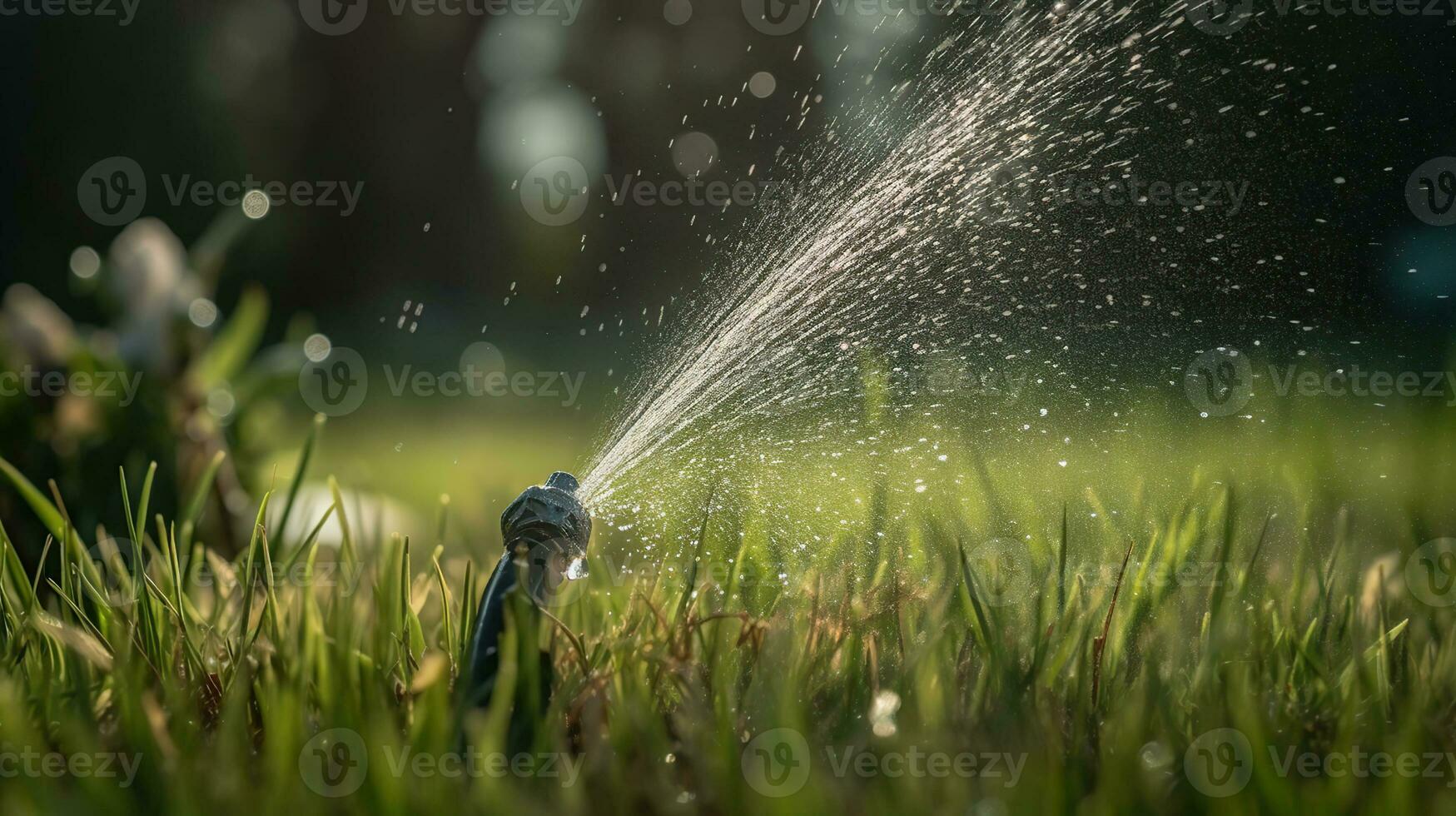 Water spraying from hose on green grass outdoors, generative ai photo