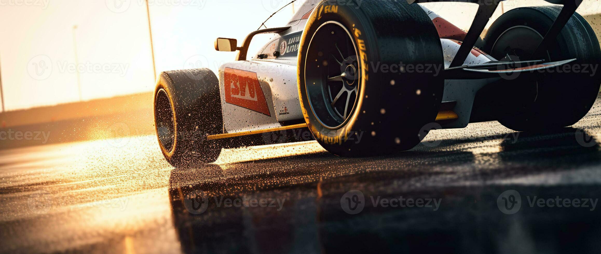 A Spectacle of Racing Excellence Amidst the Setting Sun, Enhanced by Low-Angle Rim Lighting in Captivating Light Yellow and Dark White. Generative AI photo