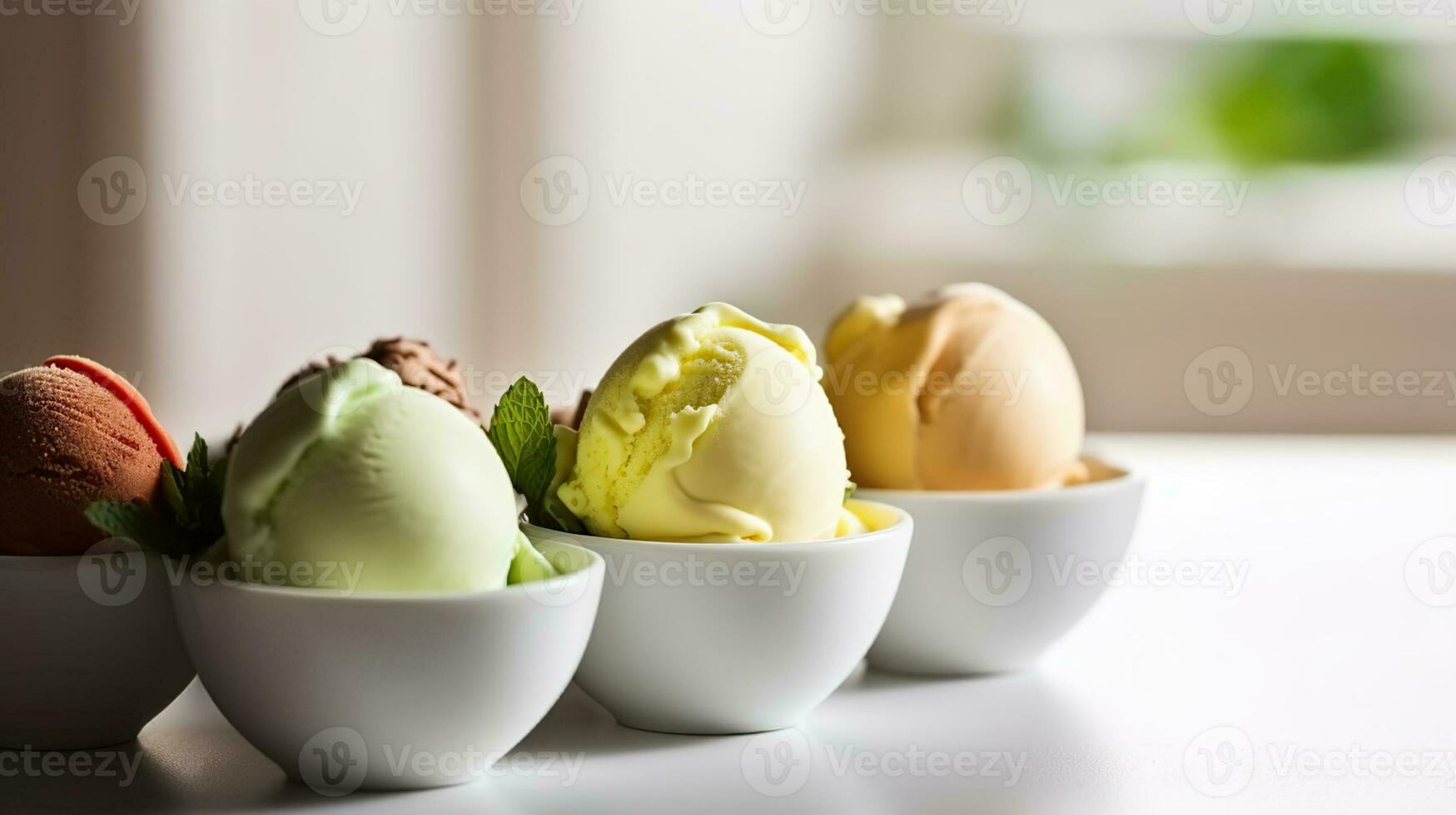 Selection of colorful ice cream scoops in white bowls, copy space. Generative AI photo