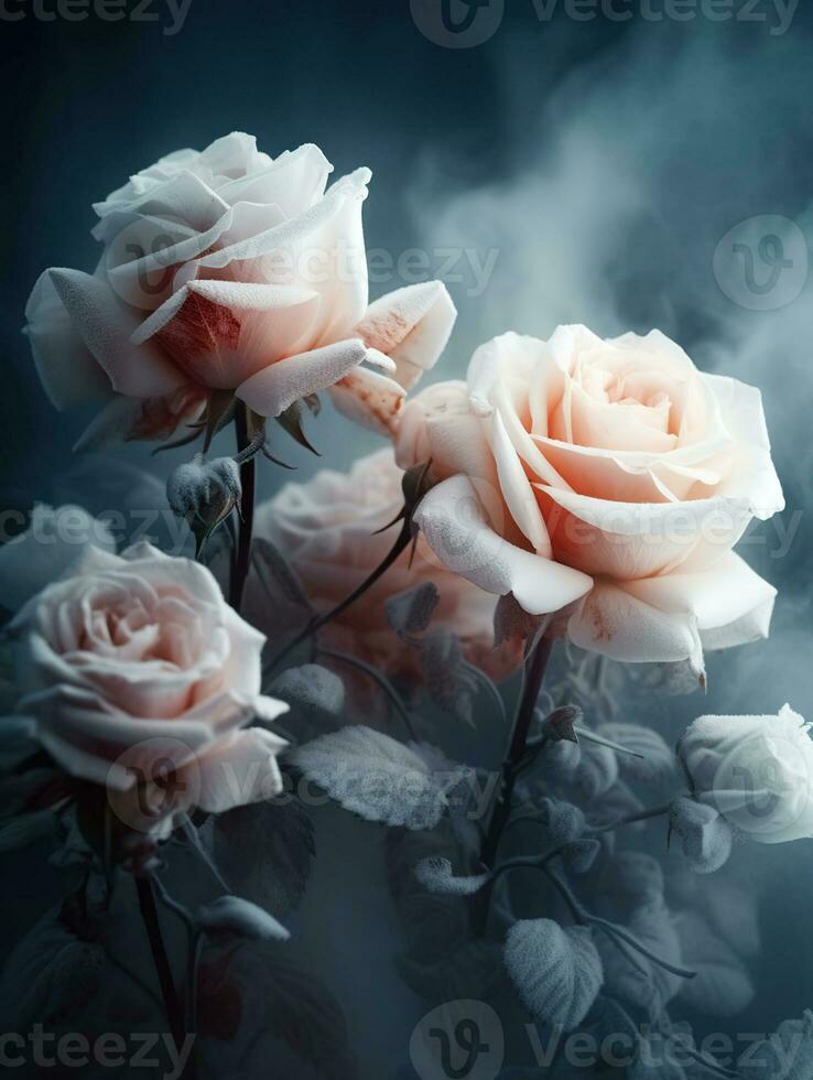 digital art of white roses made of colorful fog ice, clear rose shapes, exquisite roses, ice and snow scenes, AI Generative photo