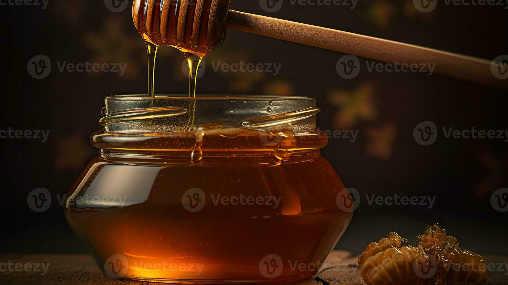 Jar of honey honey is poured from a wooden ladle with a black in the background. Generative AI photo