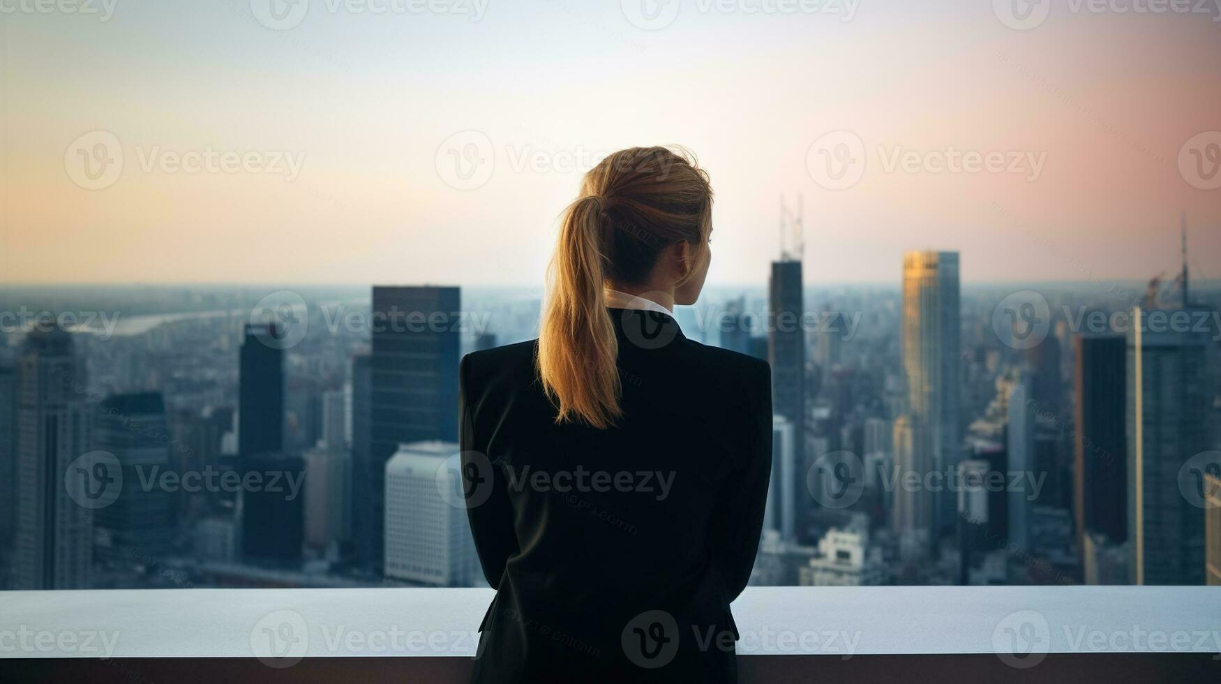 Business woman looks at the city of skyscrapers from the office, view from the back, unrecognizable face. Generative AI photo