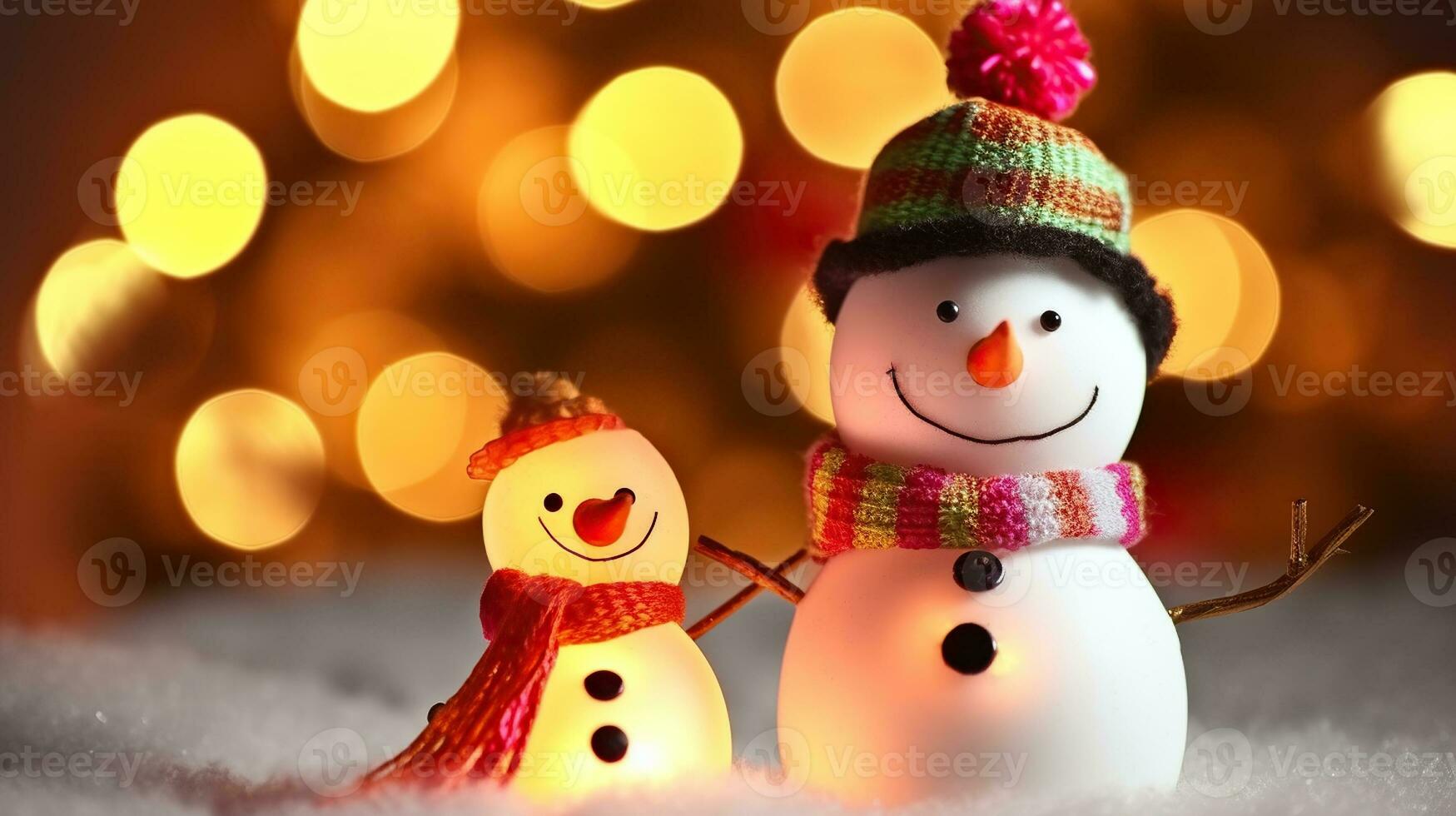 A Festive Snowman Gleams Amidst a Delightful Christmas Light Background. Generative AI photo