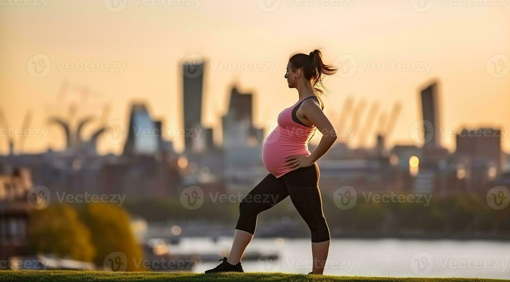 Stretching Serenity for the Expecting Mother after workout. Generative AI photo