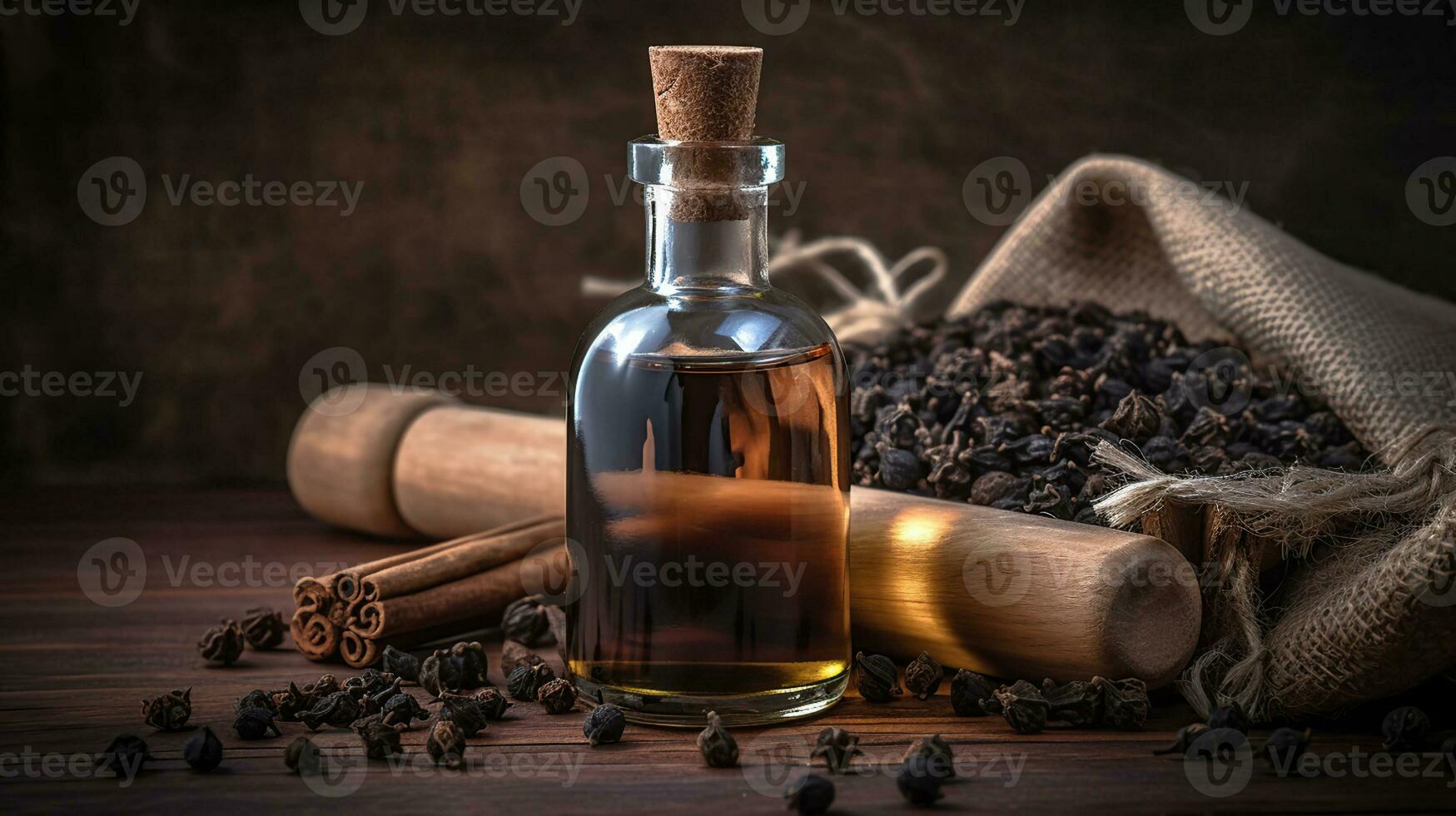 Essential oil of clove rustic . Close up glass bottle of clove oil and cloves in wooden shovel on burlap sack. Generative ai photo