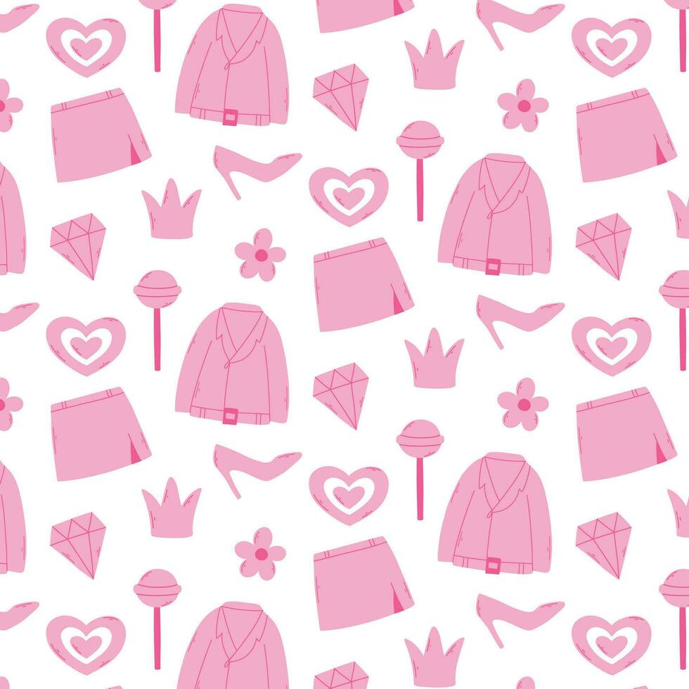 Seamless pattern barbicore. Vector illustration. Pink print with clothes. shoes.