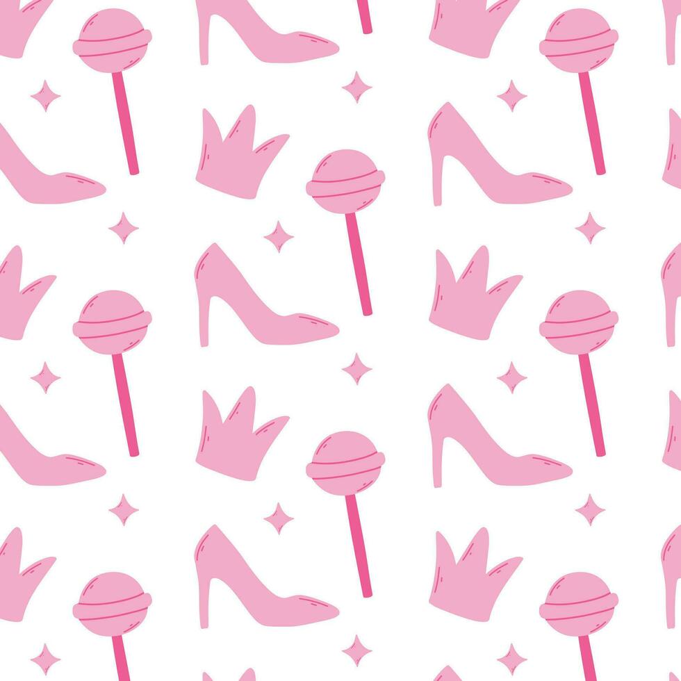 Seamless pattern barbicore. Vector illustration. Pink print with shoes, crown, lollipop.