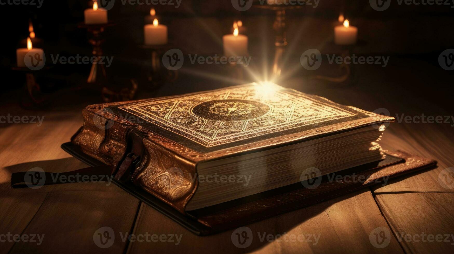 Bible,  Shining Holy Bible on the wooden table. Generative Ai photo