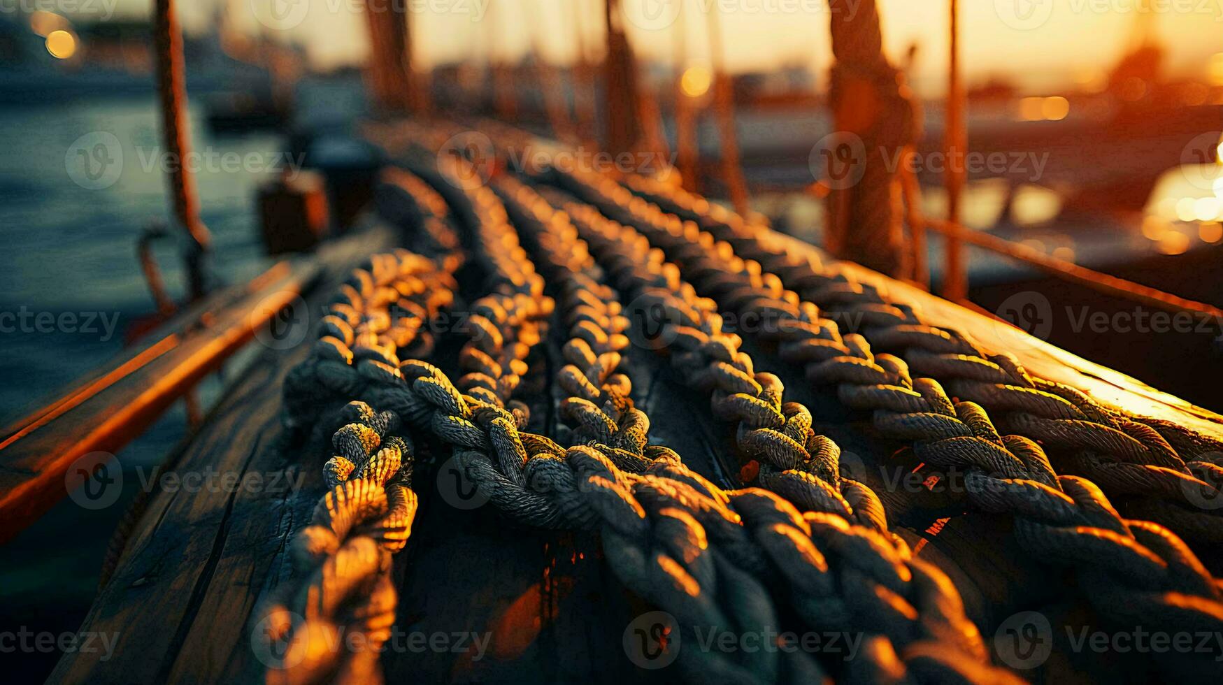 Large thick strong marine ropes for ships lie on a wooden pier