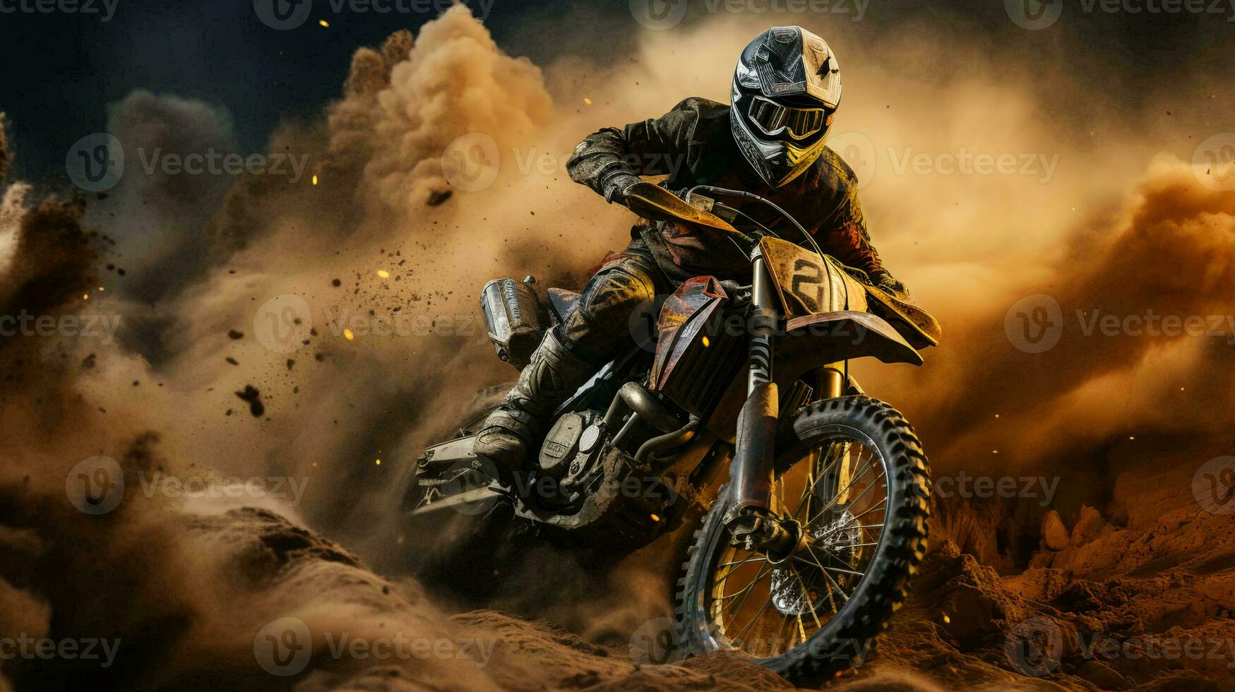 un motociclista en un motocicleta con rapidez paseos mediante el suciedad y polvo en el pista durante un motocross competencia foto