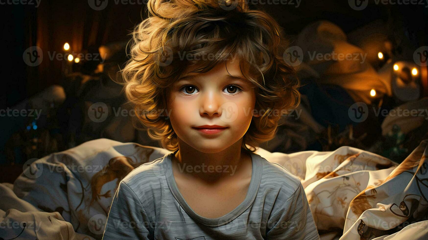 Portrait of a little smiling child with blond hair in her room photo