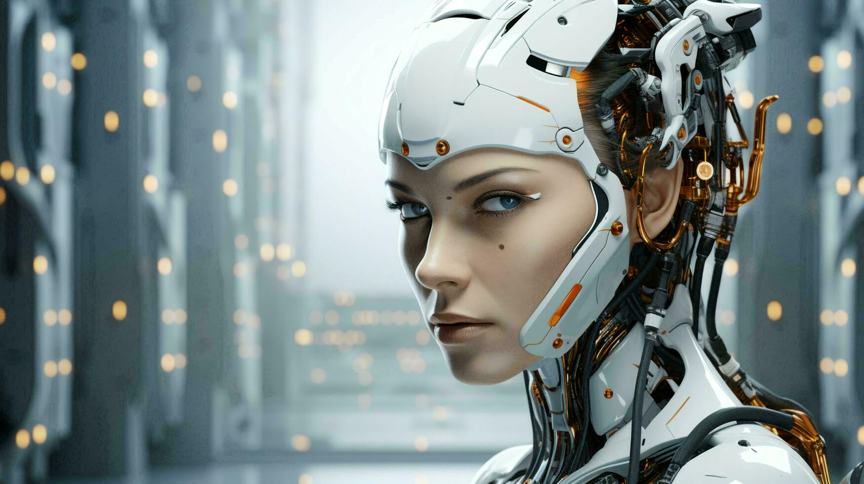 The face of a robot woman and a futuristic hybrid of human and artificial intelligence photo