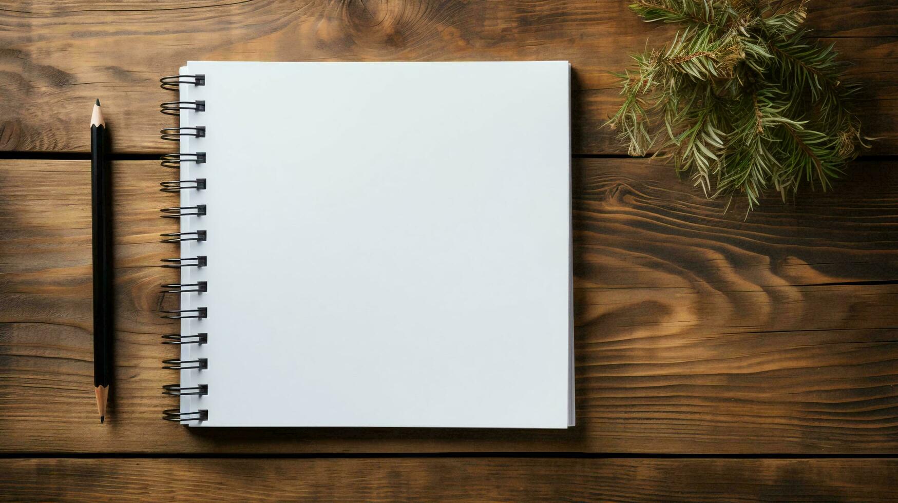 A white blank notepad with pages lies on a wooden table and copy space photo