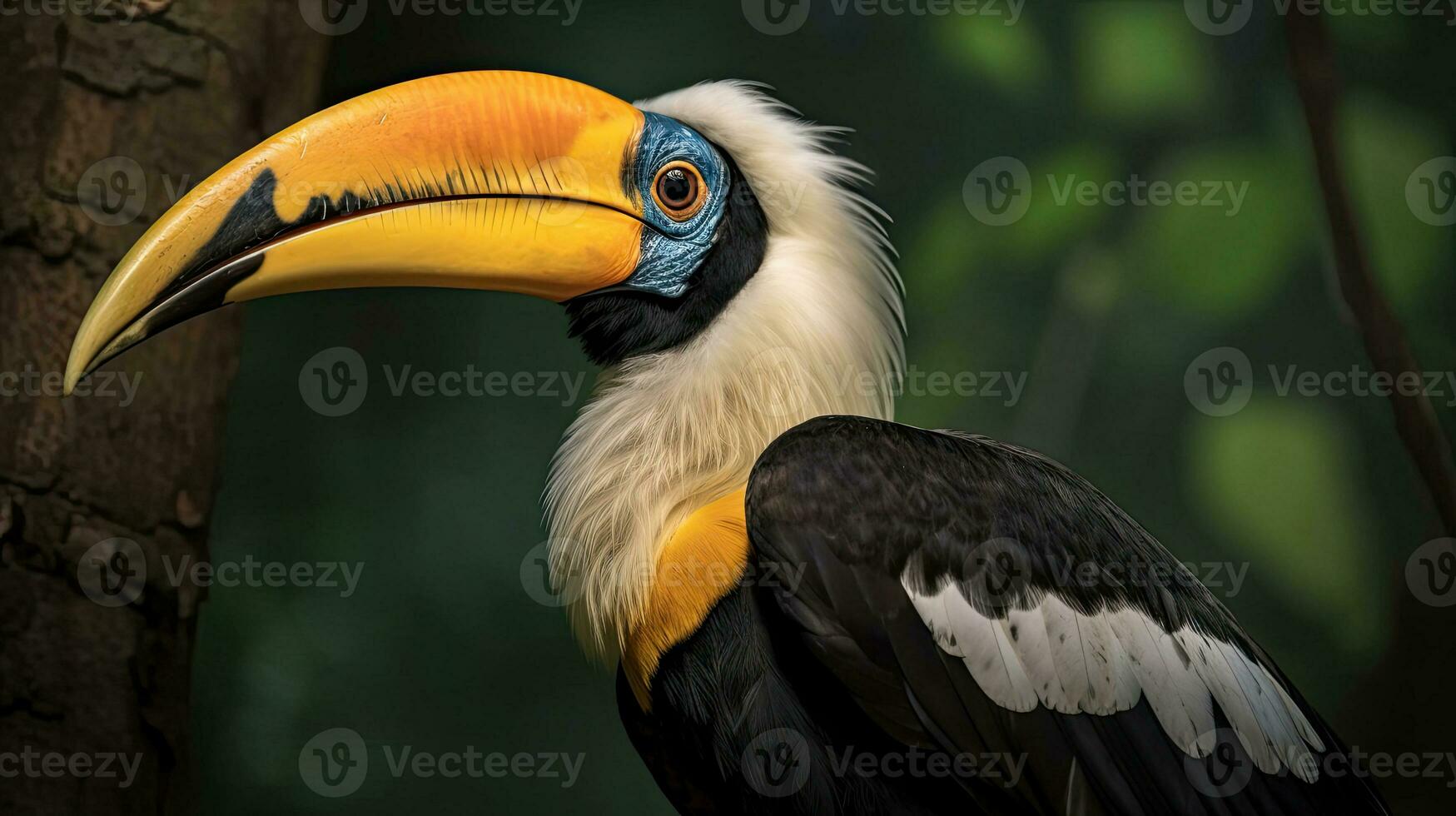 A Great Hornbill, also known as the great Indian hornbill or great pied hornbill, is one of the larger members of the hornbill family. Generative Ai photo