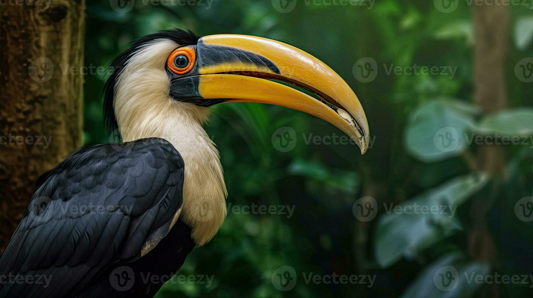 A Great Hornbill, also known as the great Indian hornbill or great pied hornbill, is one of the larger members of the hornbill family. Generative Ai photo