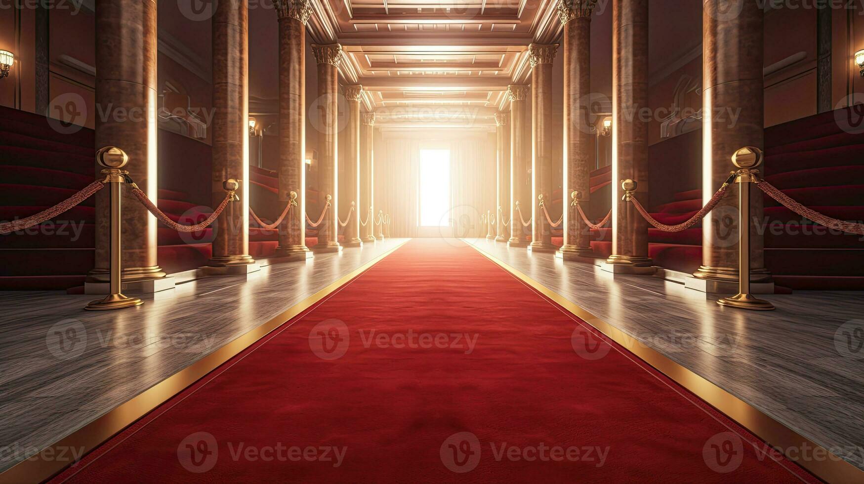 Pathway for triumph is a path delimited by an illuminated red carpet, red velvet rope barrier and golden supports. The footpath starts in front of you and leads you to a white open door. Generative Ai photo