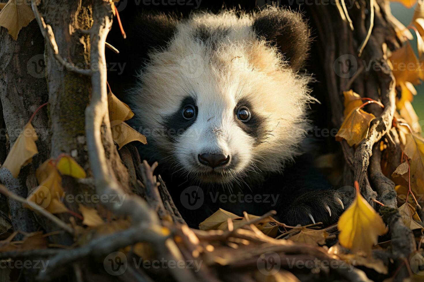 Giant panda cub next to a tree trunk photo