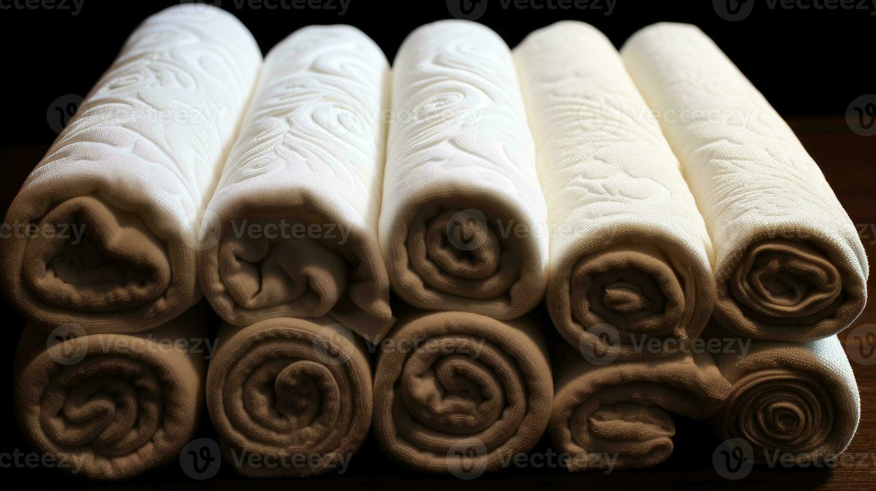 Rolled and prepared towels for guest use. photo