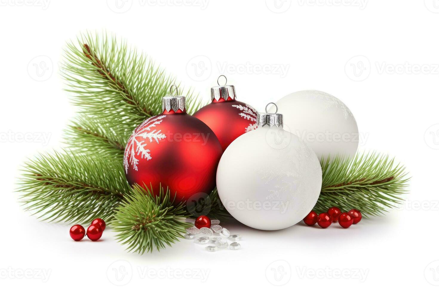 Red and white Christmas ornaments and branches isolated on a white background. photo