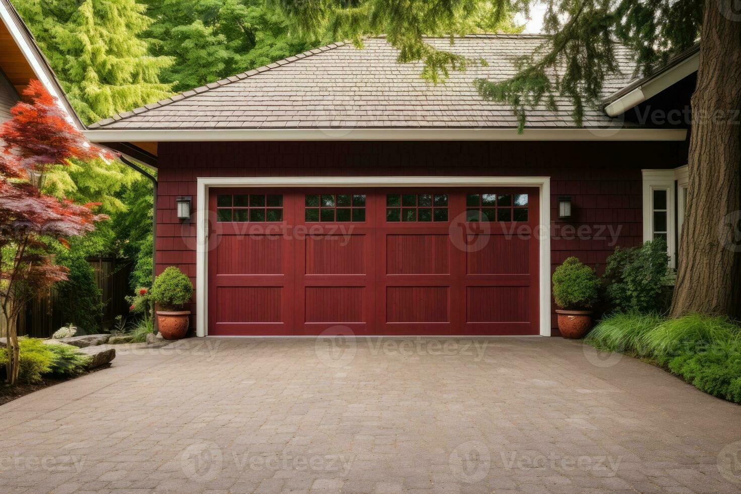 Red garage door with a driveway in front. photo