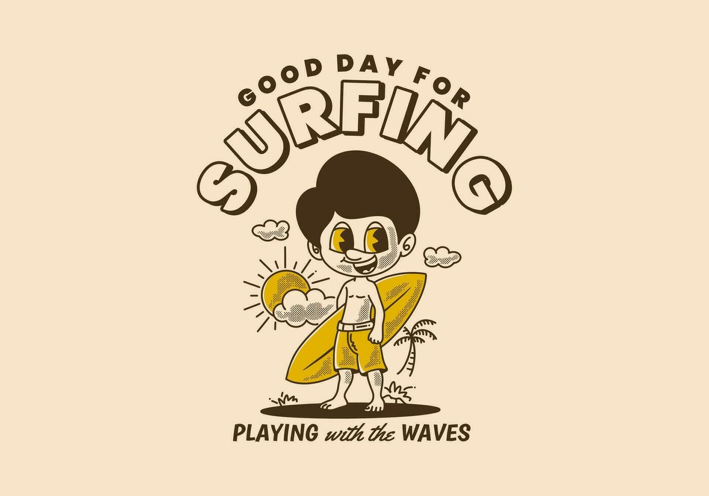 A good day for surfing, retro illustration of a boy standing on the beach holding a surfboard vector