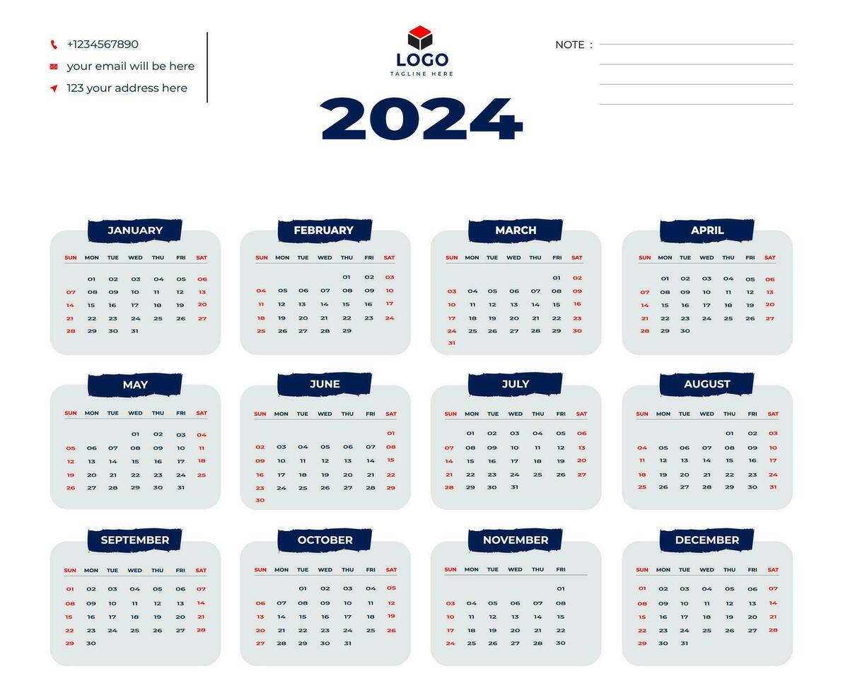 Monthly calendar template for 2024 year, Calendar 2024 week start Sunday corporate design planner template. vector