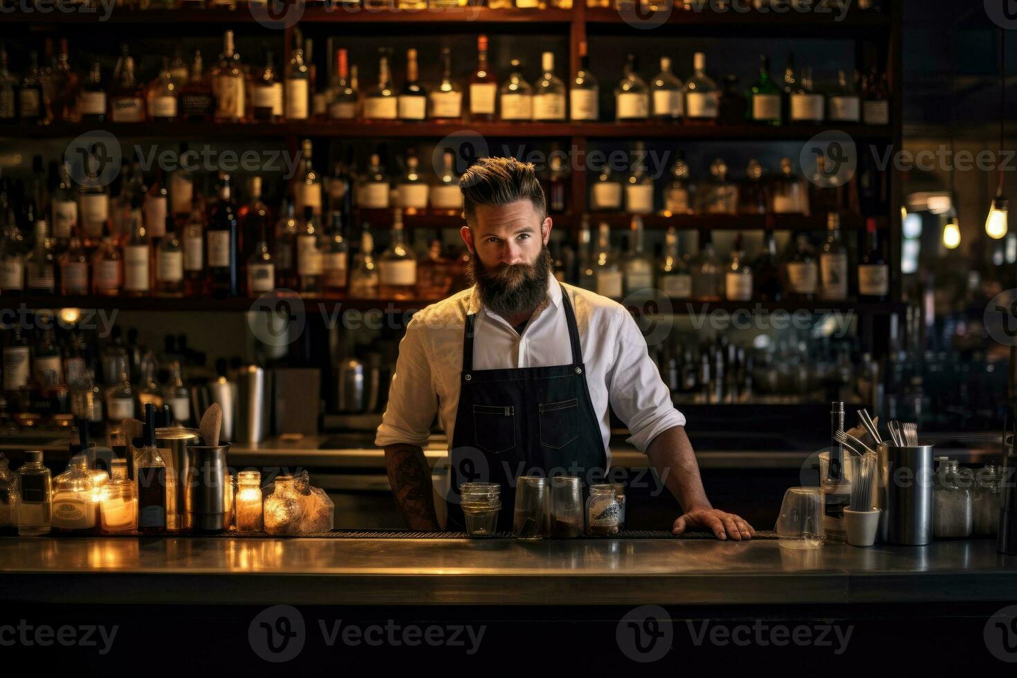 Bartender working at counter on bar space. photo