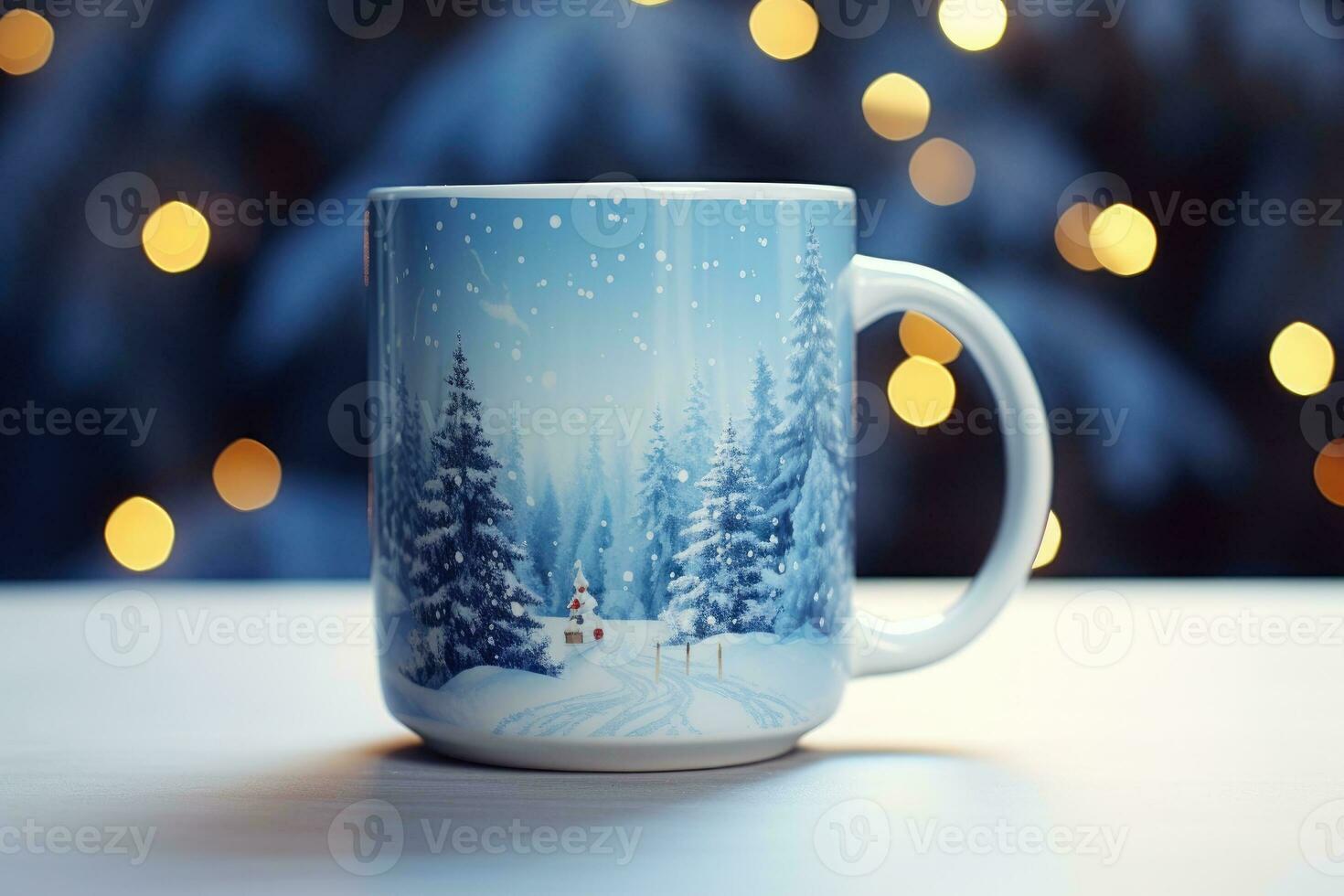 Decorated christmas coffee mug with winter forest landscape and snow. photo