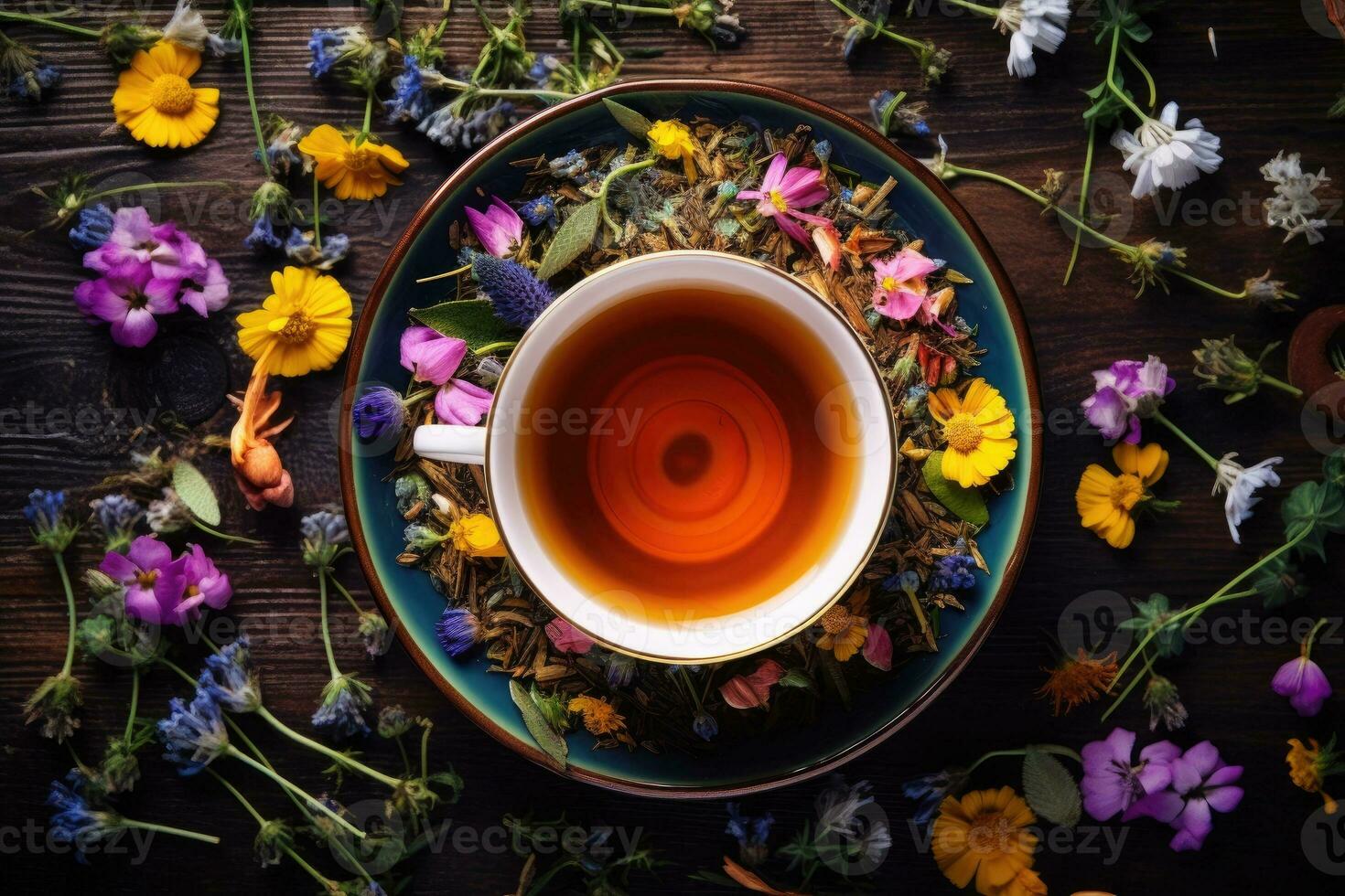 Tea with herbs and flowers in a cup top view. photo