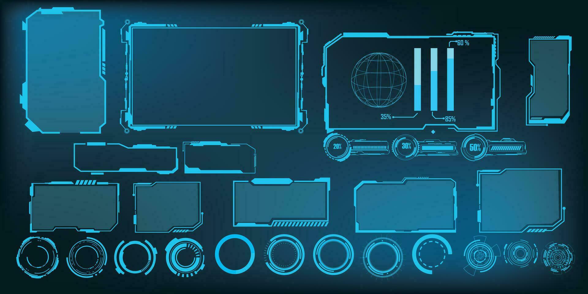 ciencia fi hud moderno futurista usuario interfaz cuadrado marcos bloques colocar. alto tecnología pantalla digital holograma ventana. tecnología antecedentes con hud tablero interfaz. vector ilustración