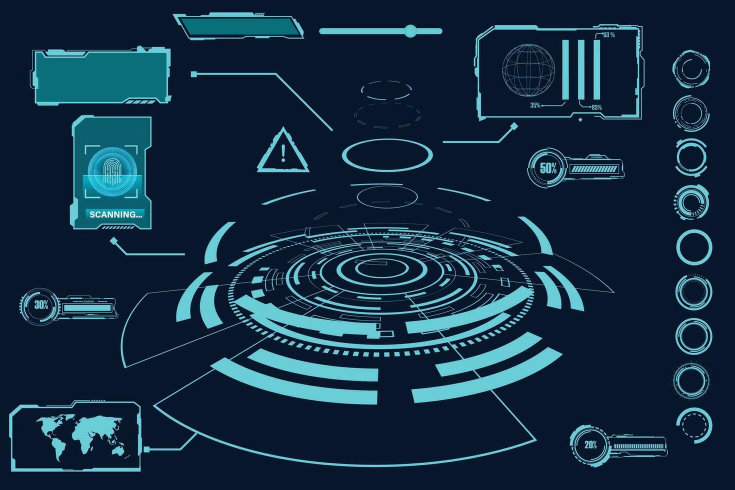 ciencia fi hud moderno futurista usuario interfaz cuadrado marcos bloques colocar. alto tecnología pantalla digital holograma ventana. tecnología antecedentes con hud tablero interfaz. vector ilustración