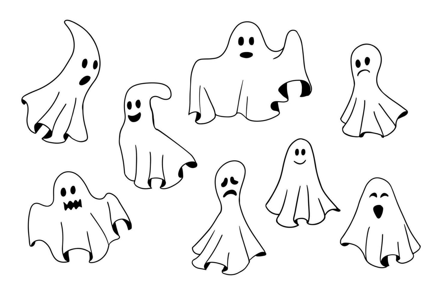 Doodle collection of hand drawn outline ghosts. Sketch design for Halloween. Black sketch cartoon elements on white background. Good for coloring pages, stickers, tatoo. vector