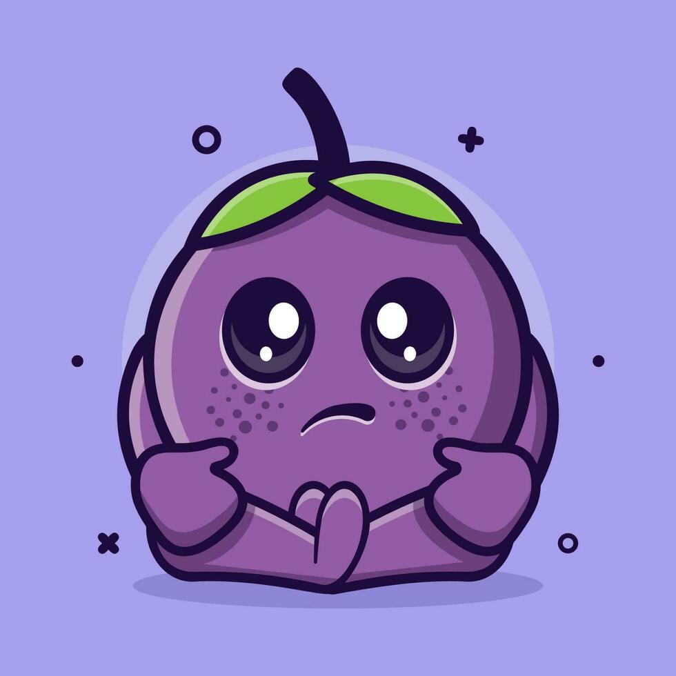 kawaii mangosteen fruit character mascot with sad expression isolated cartoon in flat style design vector