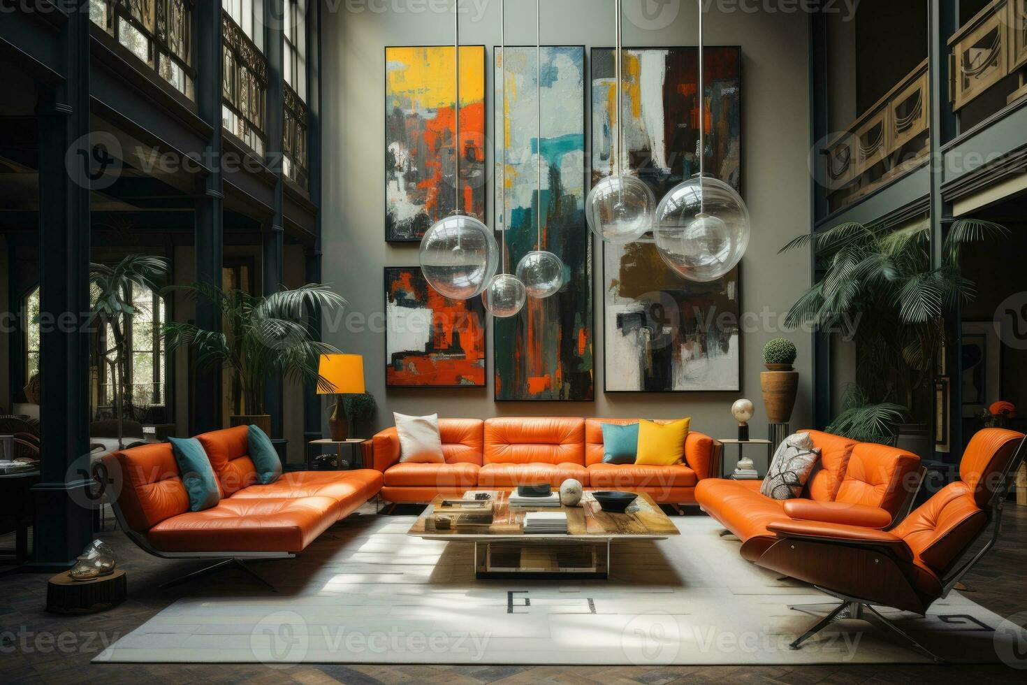 Modern living room with orange sofa photo