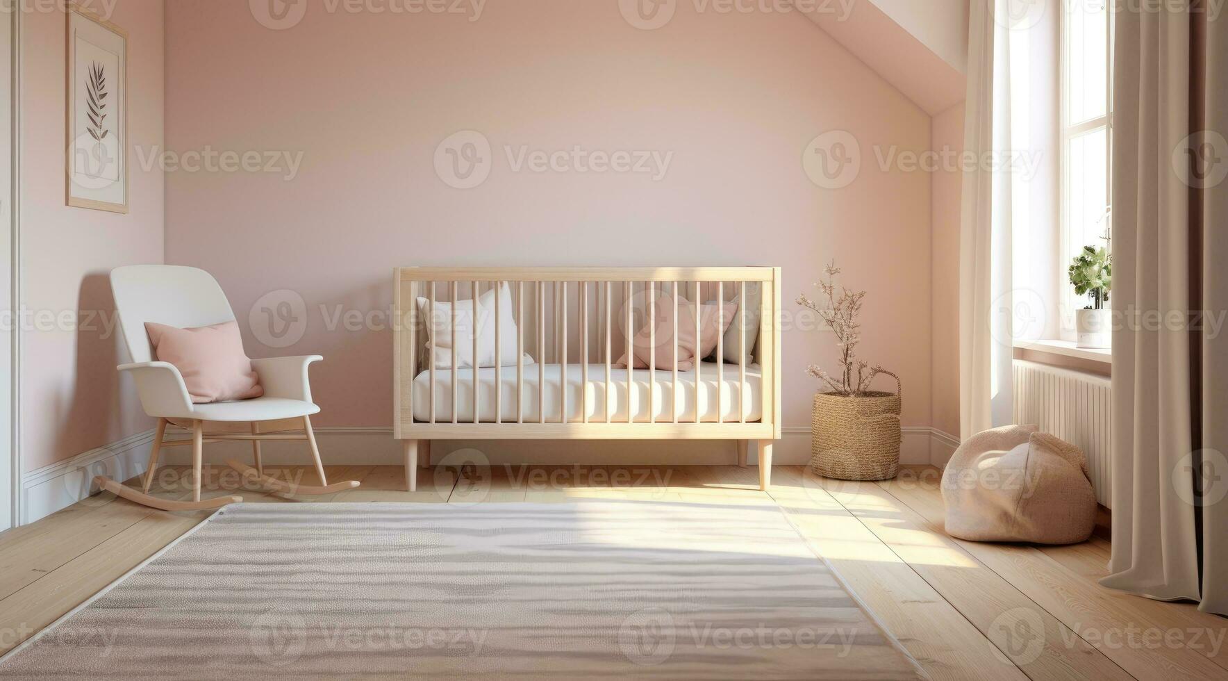 Simple, pink baby bedroom with cot and rug. photo