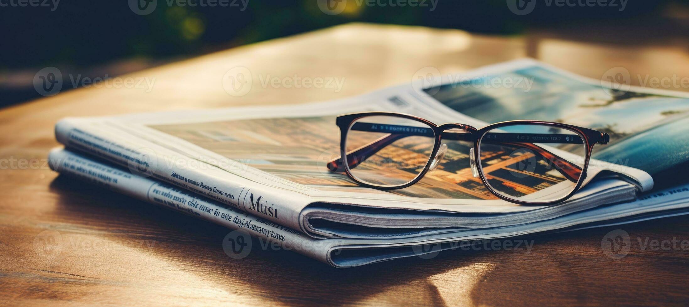Magazines on table with eyeglasses. photo