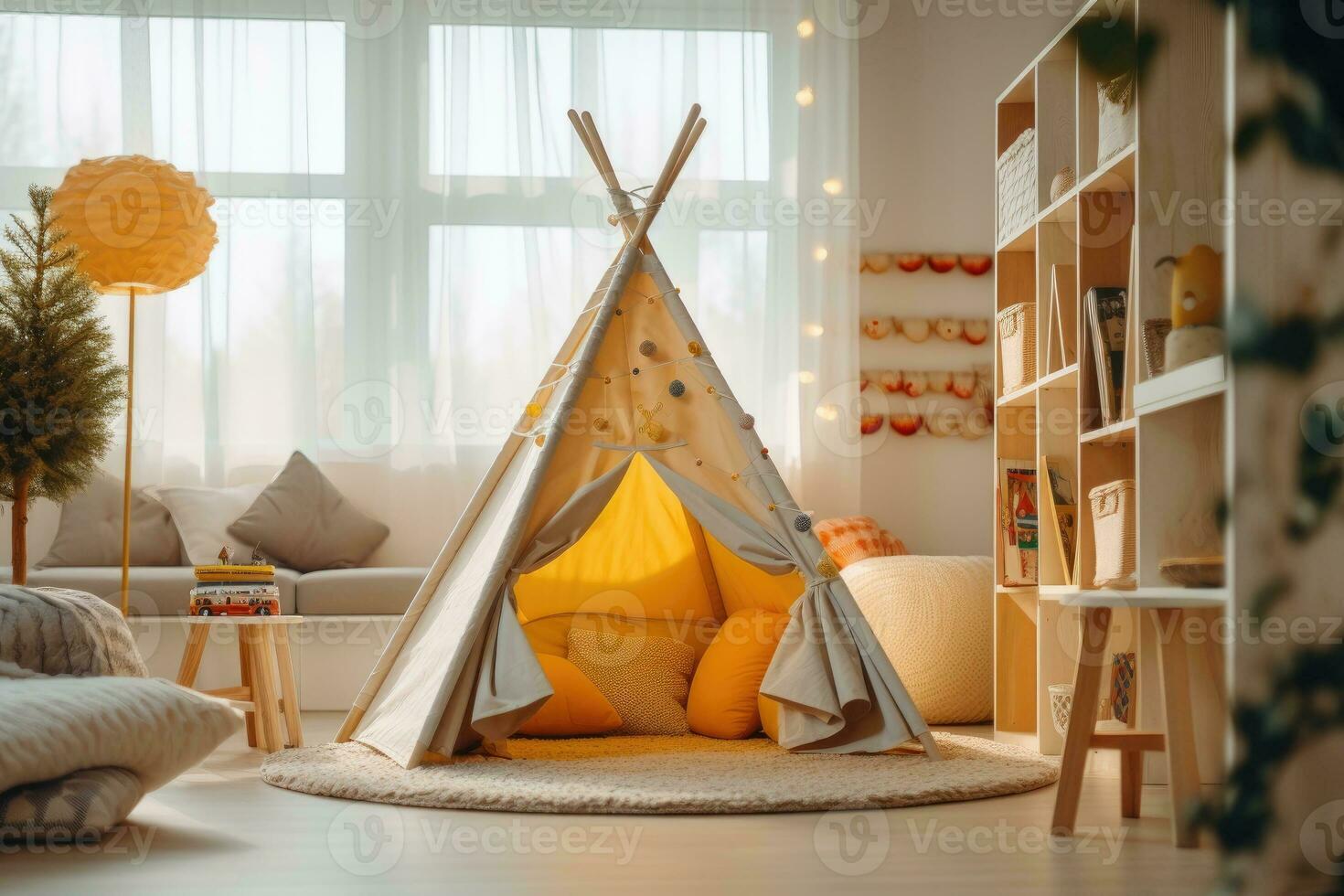 Cozy play tent for kids in child room. photo