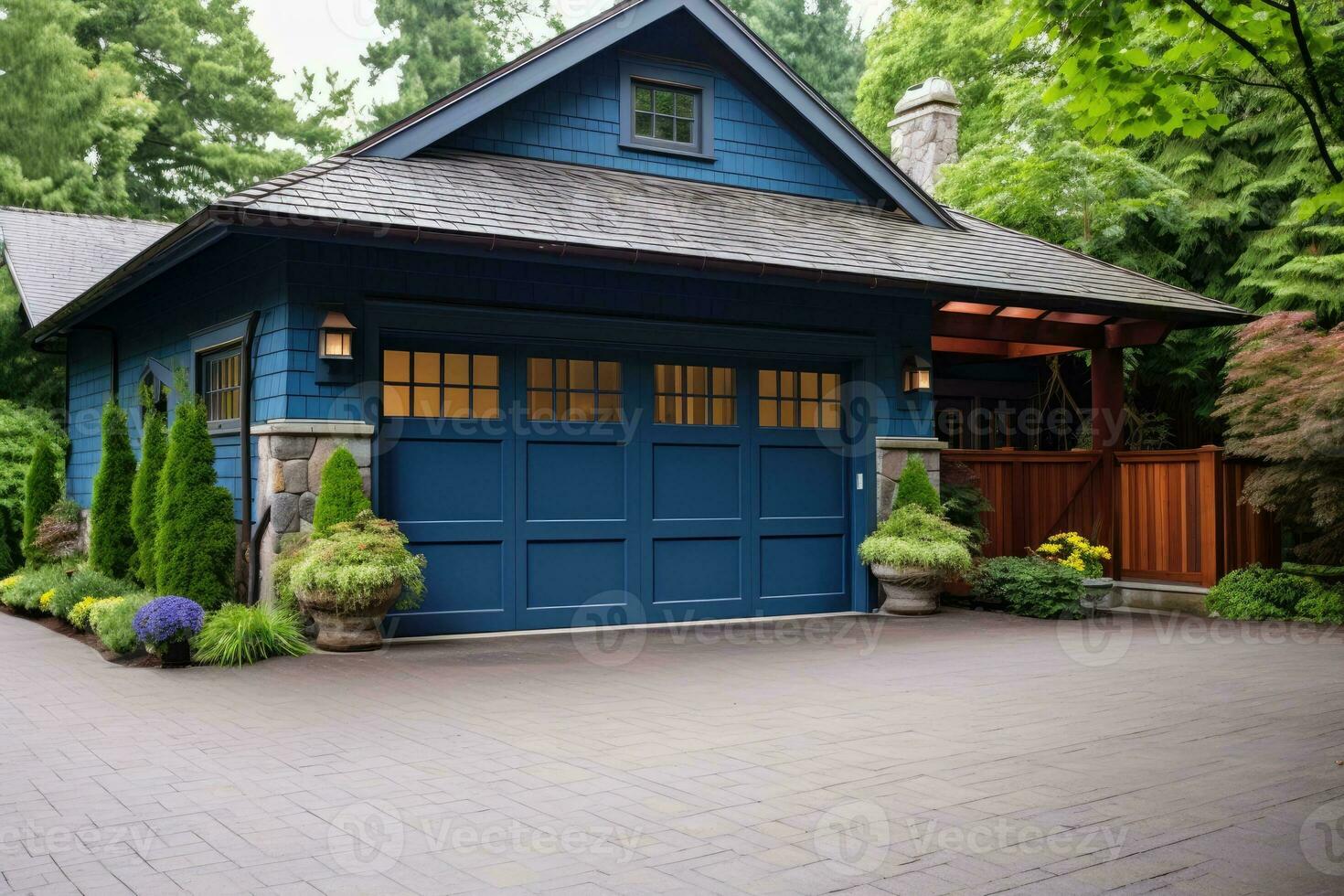 Blue garage door with a driveway in front. photo