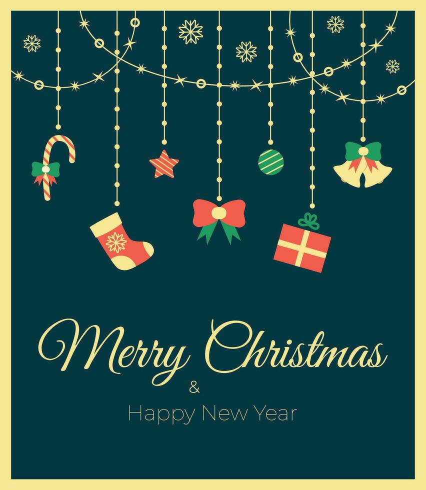 Merry Christmas and Happy New Year retro greeting card. Holiday lettering. Vector illustration of Christmas elements and decorations.