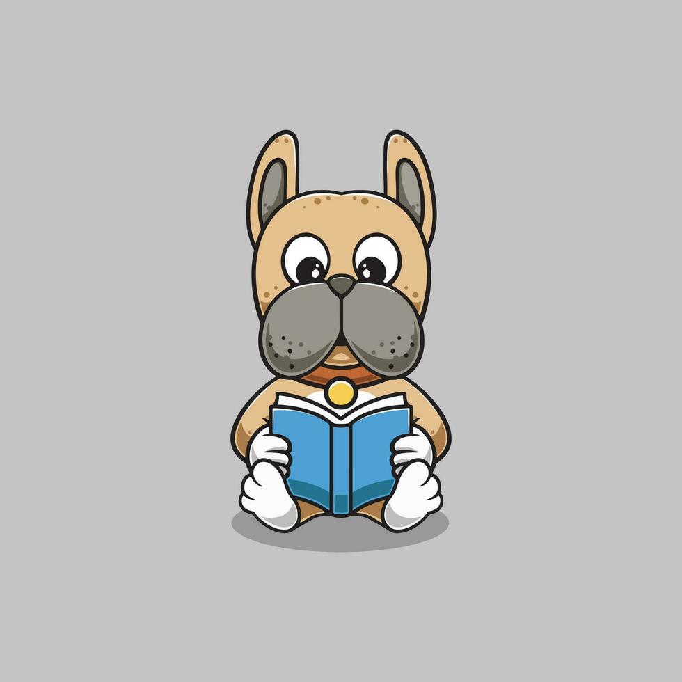 Cute bulldog reading cartoon illustration vector