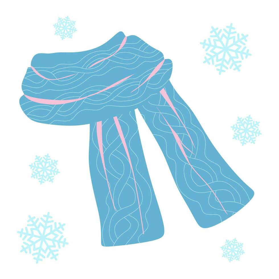 Warm winter Woolen Scarf with ornament. Vector illustration isolated on white. Flat style Protective and warm Clothing, object for holiday decoration. Design art blue and pink muffler.