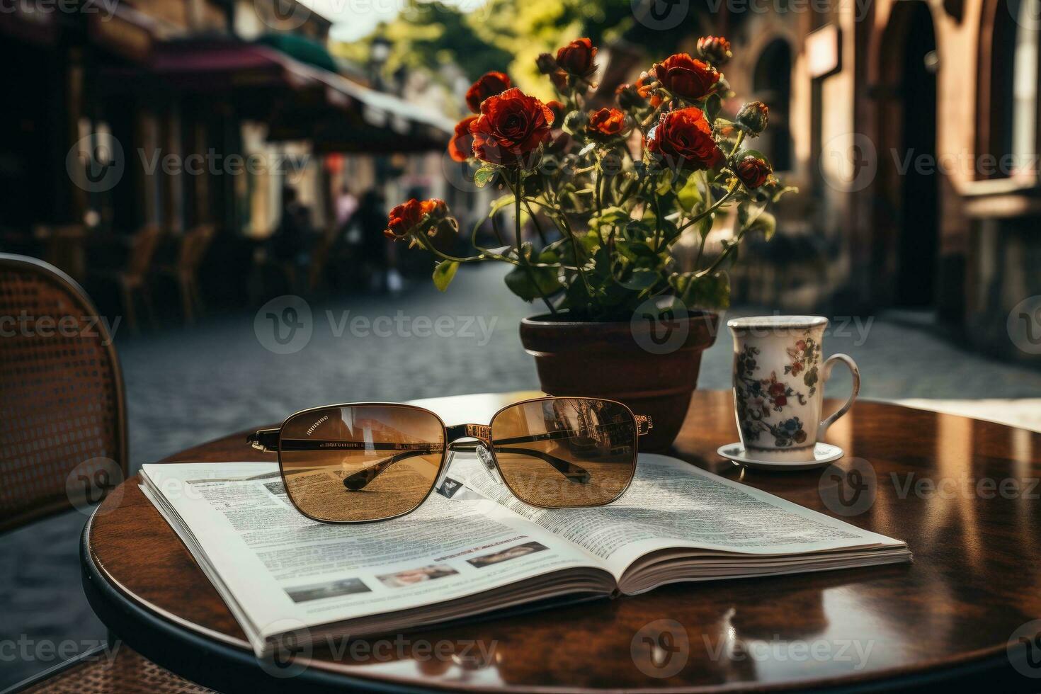 Magazines on table with eyeglasses. photo