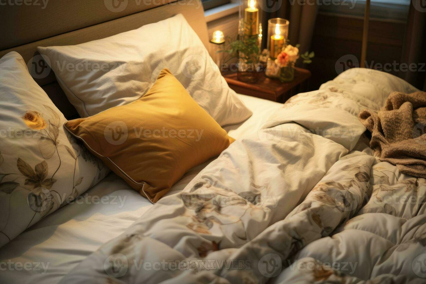 Double bed with duvet and cushions and decors. photo