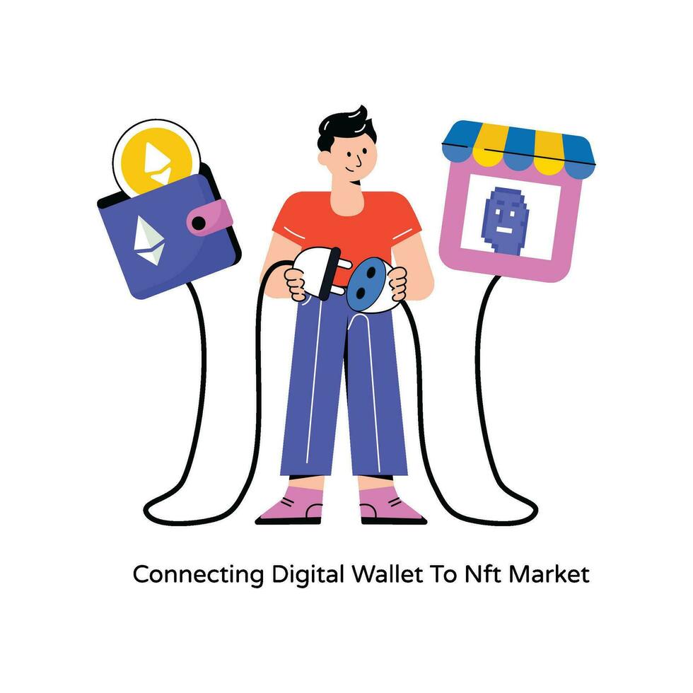 Connecting Digital Wallet To Nft Market  Flat Style Design Vector illustration. Stock illustration