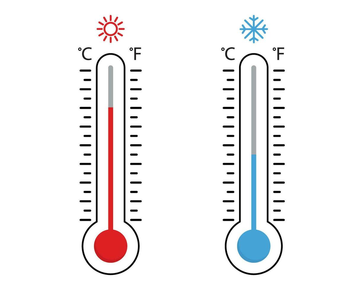 Celsius and Fahrenheit thermometers. Thermometer equipment showing hot or cold weather vector