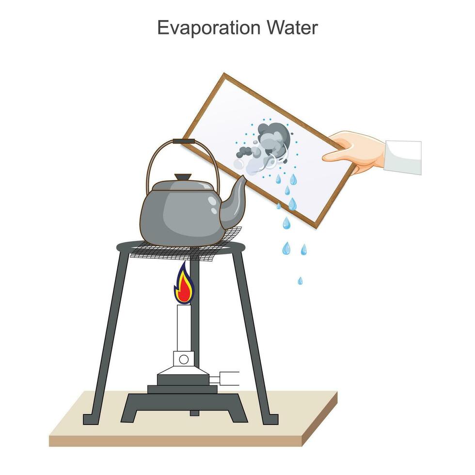 Evaporation of water.Teapot experiment.A physical experiment showing condensation of water after cooling. Educational illustration. vector