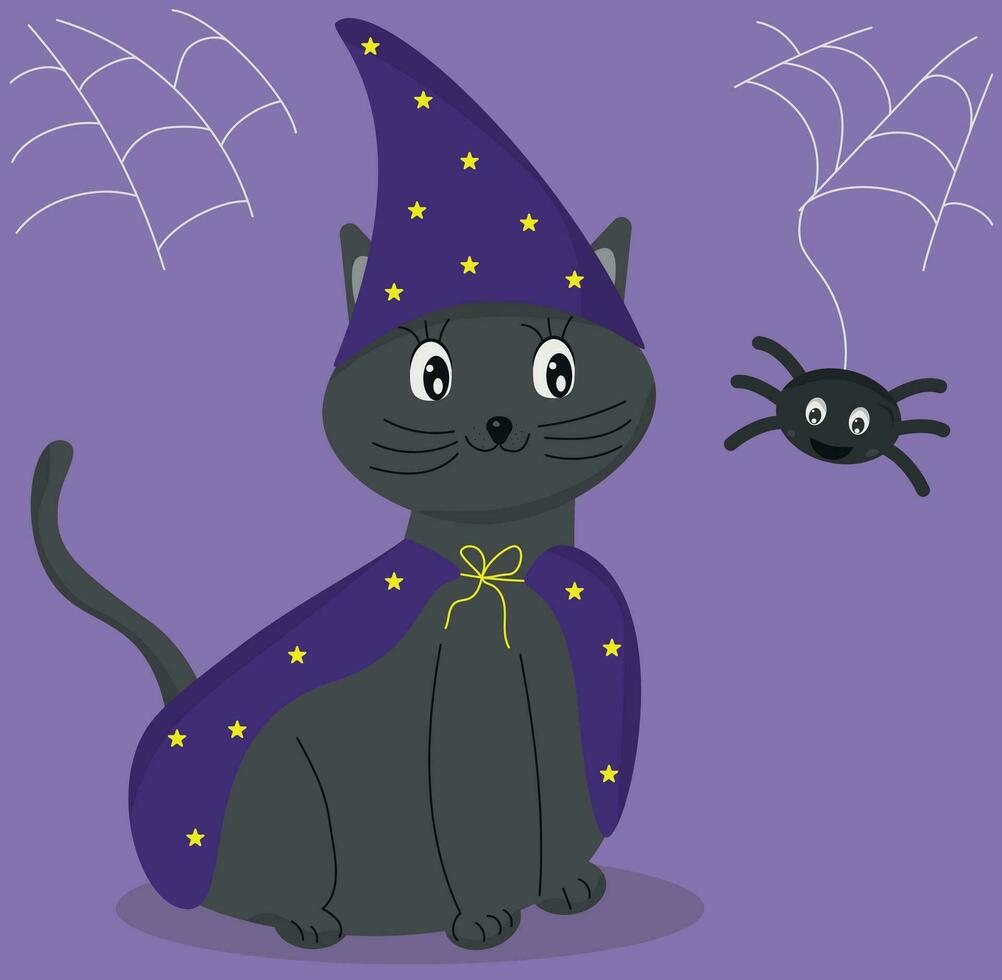 a black cat in a witch hat and cape with a spider vector