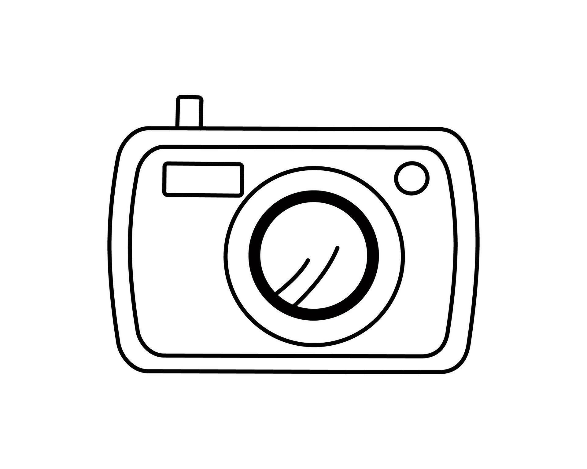 Photo camera black and white outline drawing. Doodle icon. Monochrome